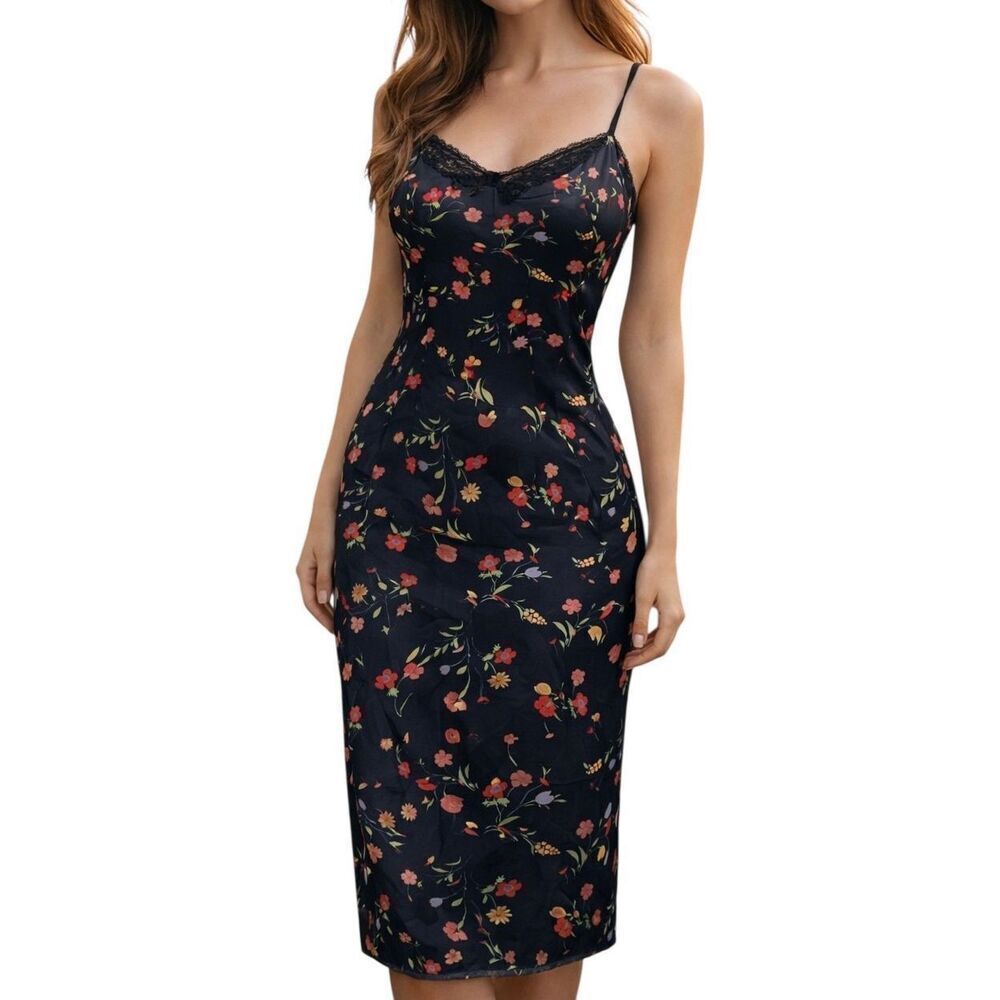 Ghost London Small dainty Ditzy floral spaghetti strap black slip dress lace